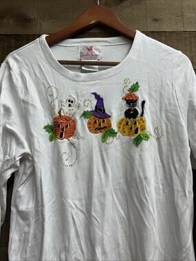 Quacker Factory Long Sleeve Shirt Halloween Pumpkins, Black Cat, Witch & Ghost L